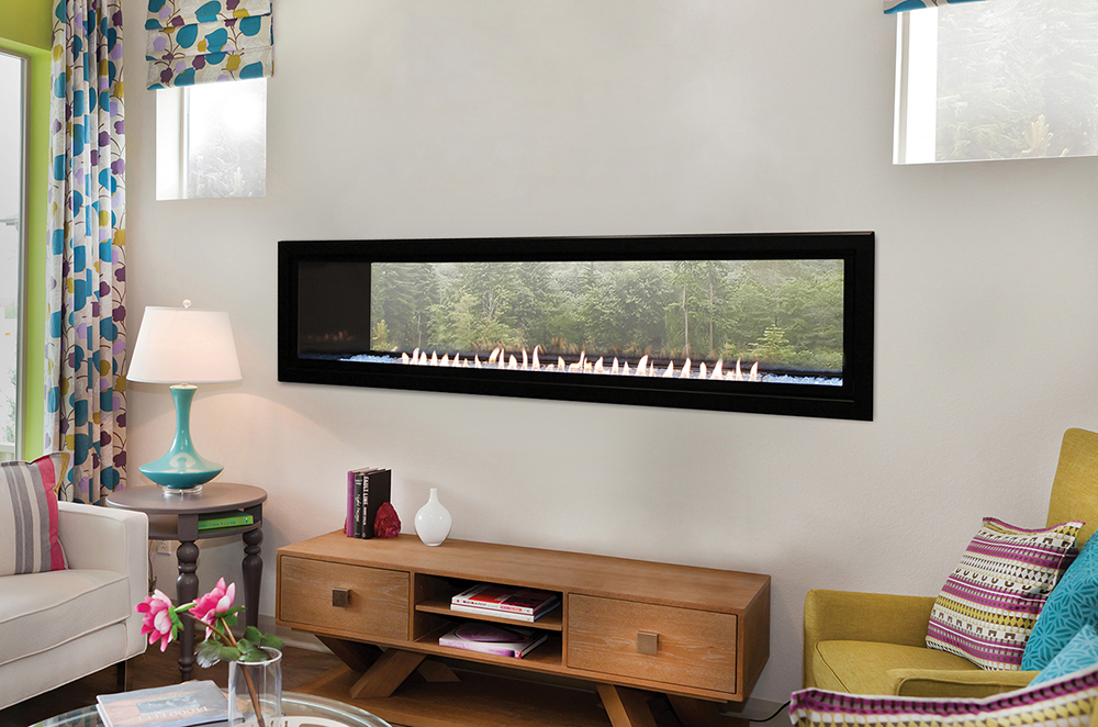 The White Mountain Hearth: Boulevard Vent-Free See-Through Linear Fireplace 60, available from Kindled Timber in Indianapolis, IN