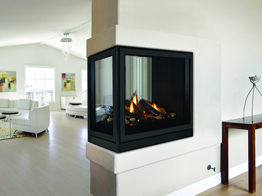 The White Mountain Hearth: Tahoe Clean-Face Peninsula Fireplace (IP), available from Kindled Timber in Indianapolis, IN